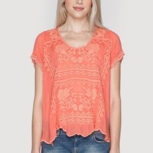 Johnny Was Delamo Peasant Blouse Top Shirt Embroidered Coral Scalloped Boho Sz S